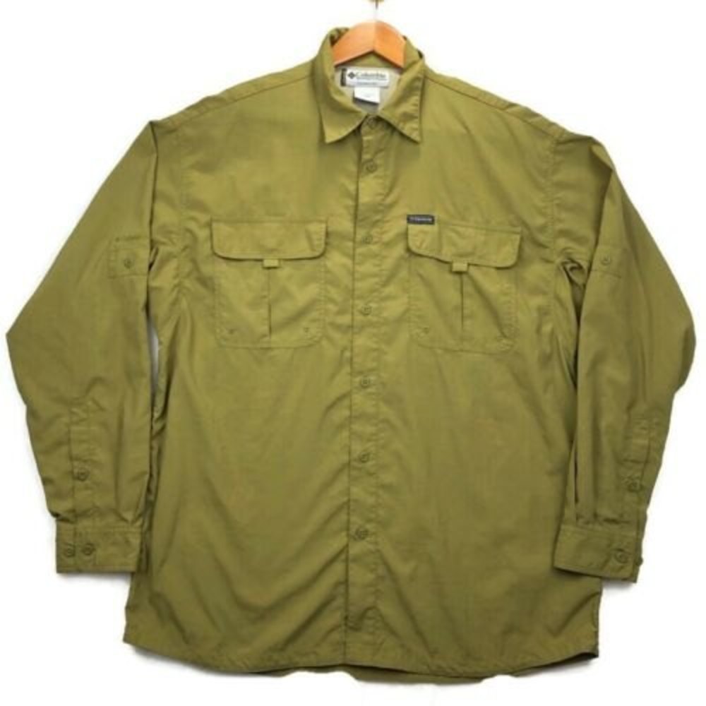 COLUMBIA Titanium Men’s L Green Nylon Fishing Shirt Roll Tab Long Sleeve Vented